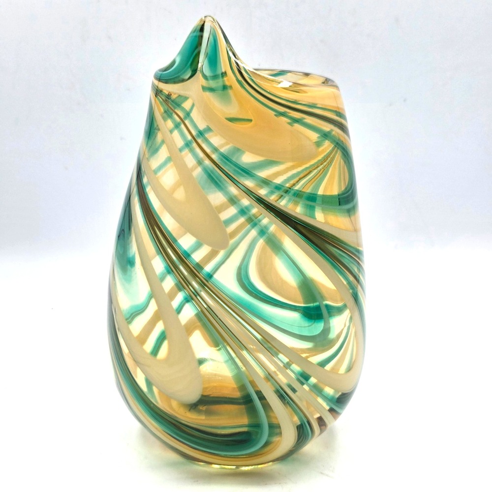 Hand Blown Art Glass Vase 10" Swooping Asymmetrical Rim Teal & Gold Swirl MCM